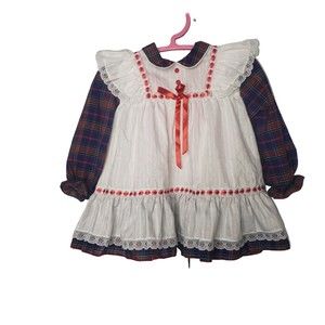 VINTAGE White Lace Dress with Plaid Sleeves 24 Months